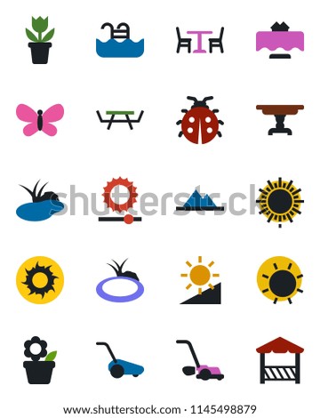 Color and black flat icon set - cafe vector, sun, flower in pot, lawn mower, butterfly, lady bug, pond, picnic table, brightness, pool, mountains, restaurant, alcove