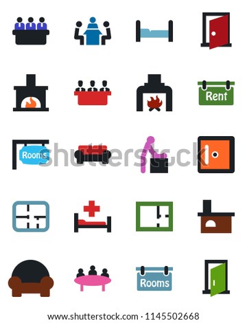 Color and black flat icon set - baby room vector, checkroom, meeting, fireplace, hospital bed, plan, rent, rooms, bedroom, cushioned furniture, door