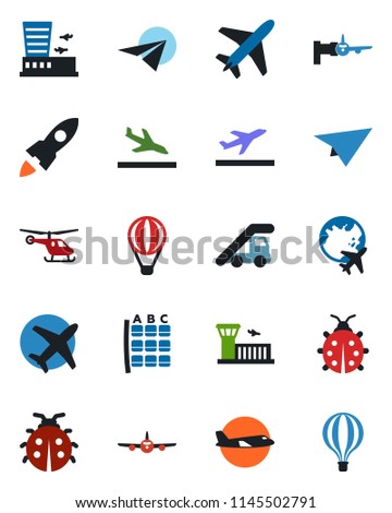 Color and black flat icon set - plane vector, departure, arrival, ladder car, boarding, helicopter, seat map, globe, airport building, lady bug, rocket, paper, air balloon