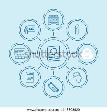 Set of 9 education outline icons such as lecturer, paper clip, clip, law book, test tube, brain in head, catalog, sport conference