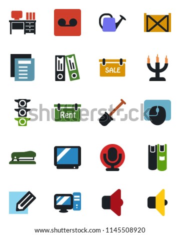 Color and black flat icon set - office binder vector, mouse, desk, document, pencil, shovel, watering can, traffic light, container, tv, microphone, record, book, stapler, sale, rent, candle, pc