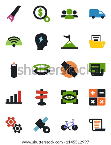 Color and black flat icon set - calculator vector, brainstorm, saw, bike, joint, signpost, satellite, car delivery, bar graph, news, document folder, wireless, plates, candle, gear, eye scan, group