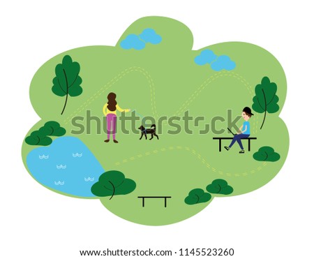 People who enjoy leisure time in the park, flat design style vector graphic illustration set. Public park concept banner with characters. Can use for web banner, infographics, hero images.