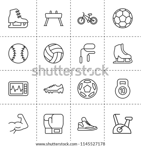 Set of 16 exercise outline icons such as football, ice skates, heart beat monitor, boxing glove, ice skating, baseball, sneakers, bicycle, vaulting horse, exercise bike