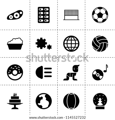 Set of 16 round filled icons such as gear, basin, front car light, hight beem light, globe, music disc, ball, baby, cake, snow ball, medicine pills, volleyball net, volleyball