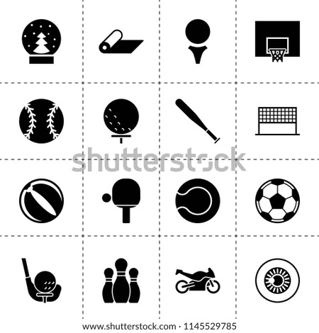 Set of 16 ball filled icons such as golf ball, snow ball, eye pupil, tennis table, tennis ball, baseball bat, baseball, tennis, golf, bowling, volleyball net