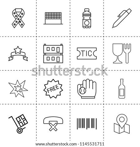 Set of 16 label outline icons such as pen, banner, modular house, explosion, map with pin, no call, ribbon, free, barcode, add to cart, baseball glove and ball, ticket, bottle