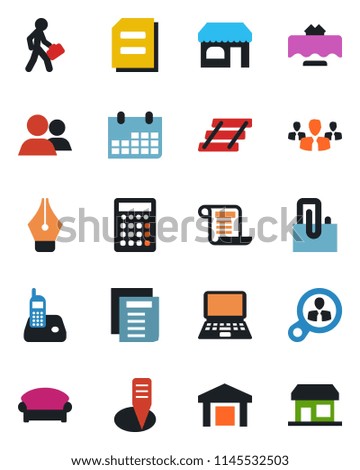 Color and black flat icon set - waiting area vector, shop, notebook pc, document, calendar, plant label, warehouse, radio phone, group, paper clip, ink pen, tray, manager, restaurant table, contract