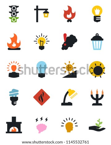 Color and black flat icon set - brainstorm vector, bulb, fire, sun, garden light, traffic, brightness, desk lamp, fireplace, candle, smoke detector, energy saving, shining head, idea, palm sproute