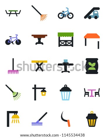 Color and black flat icon set - cafe vector, ladder car, rake, sickle, garden light, picnic table, fertilizer, bike, restaurant, alcove, outdoor lamp