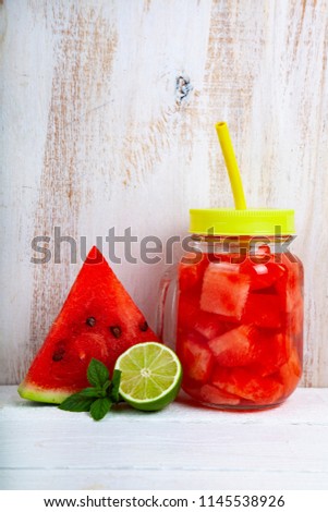 Refreshing ice cold water with watermelon,lime and mint. Concept of diet.  Diet for weight loss.  