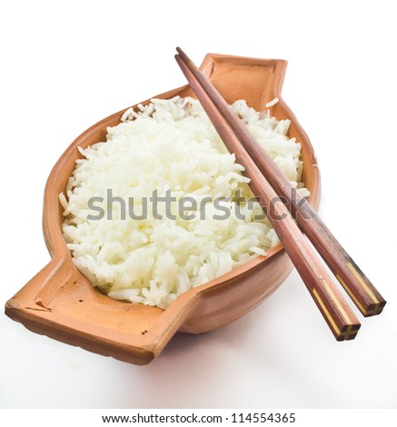cooked Jasmine rice in bowl with chopstick isolated  on white background Royalty-Free Stock Photo #114554365