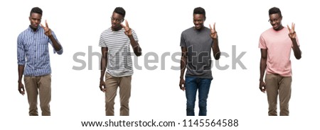 Collage of african american man wearing different outfits showing and pointing up with fingers number three while smiling confident and happy.