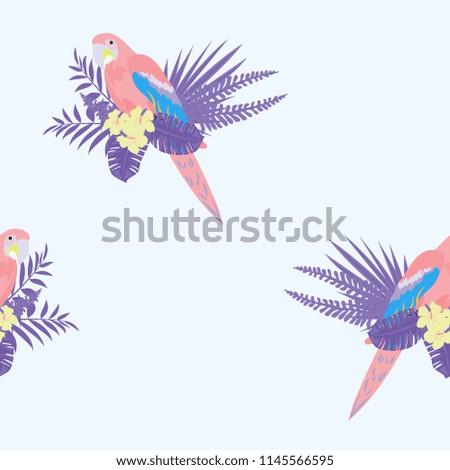 Isolated parrots seamless pattern with tropical leaves and flowers.
