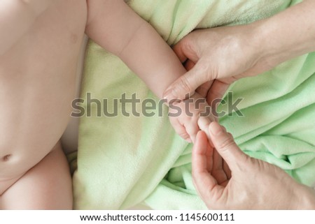 Fingers massage for newborn baby for speech development. This tactile gymnastics contributes to flow of impulses to brain. Develops attention, memory, coordination, development of speech, creativity.