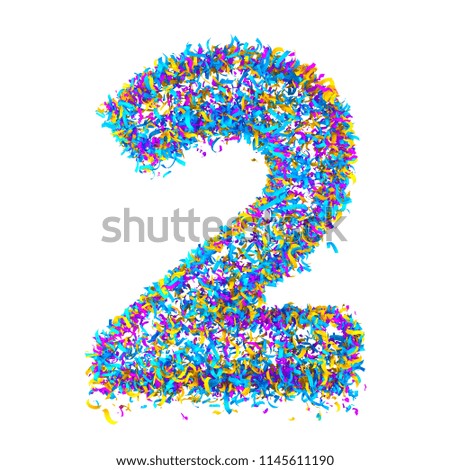 Festive alphabet from colorful confetti isolated on white background (Number 2). 3D rendering. For advertisement, party, event, placard, celebration, announcement, sale, promotion.