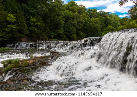 waterfall and blue sky and green trees
