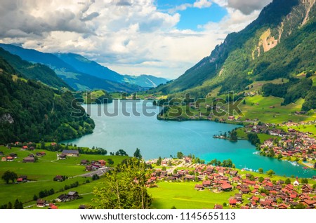 Aerial view on Lungernsee lake near Luzern, Switzerland, Europe Royalty-Free Stock Photo #1145655113