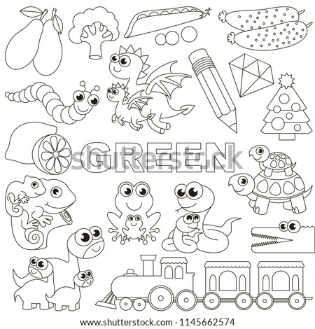 Green Colorless Objects Color elements set, collection of coloring book template, the group of outline digital elements vector illustration, kid educational game page.