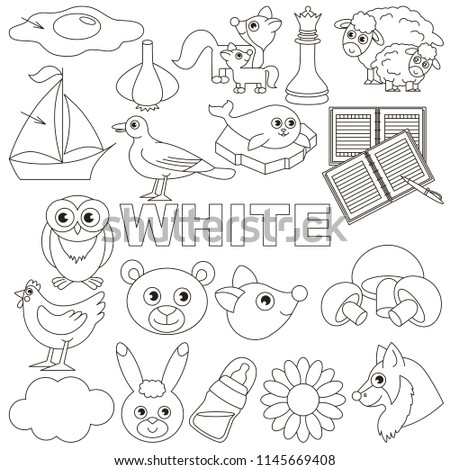 White Colorless Objects Color elements set, collection of coloring book template, the group of outline digital elements vector illustration, kid educational game page.