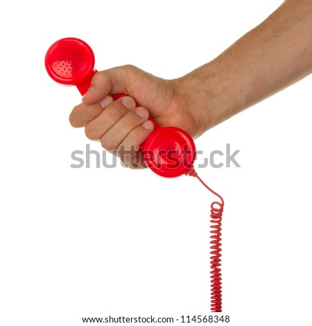Man holding a red telephone, isolated on white