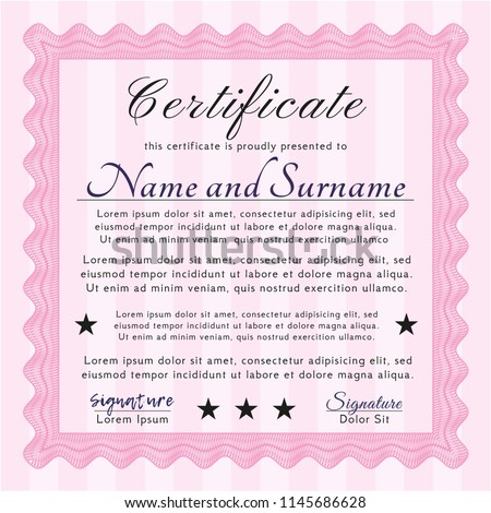 Pink Certificate or diploma template. Perfect design. Vector illustration. Printer friendly. 