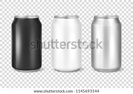 Vector realistic 3d empty glossy metal white, black and silver aluminium beer pack or can set visual 330ml. Can be used for lager, alcohol, soft drink, soda, fizzy pop, lemonade, cola, energy drink Royalty-Free Stock Photo #1145693144