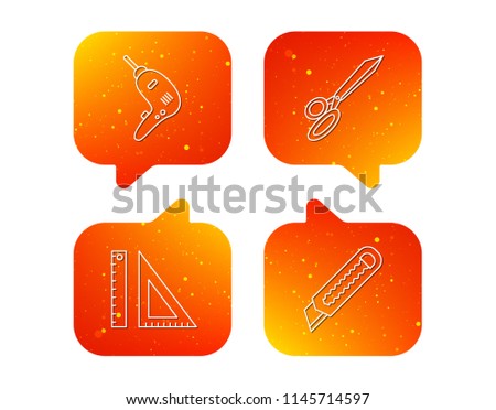 Paper knife, school supplies and scissors icons. Drill tool linear sign. Orange Speech bubbles with icons set. Soft color gradient chat symbols. Vector