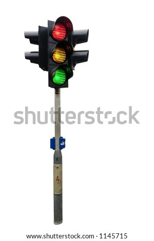 An isolated traffic light from Prague with all lights lit.