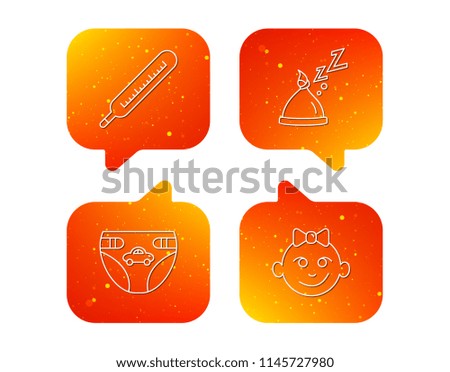 Thermometer, diapers and sleep hat icons. Baby girl linear sign. Orange Speech bubbles with icons set. Soft color gradient chat symbols. Vector