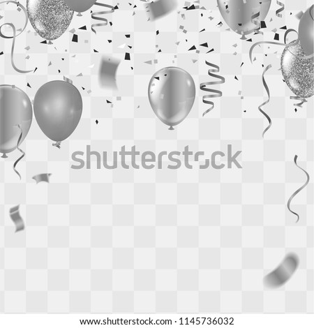 silver balloons, confetti and streamers on white background. Vector illustration. Royalty-Free Stock Photo #1145736032