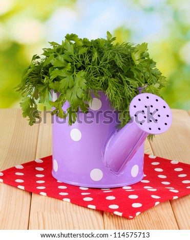 Colorful watering can with parsley and dill on wooden table on natural background