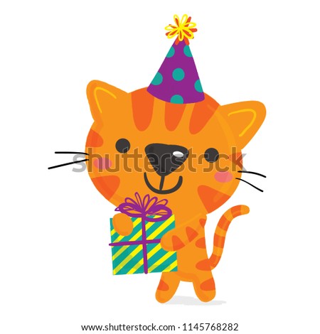 Vector illustration of cute orange cat character wearing a party hat and holding out a birthday present