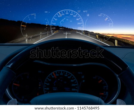 night car ride by car equipped with Head-up display