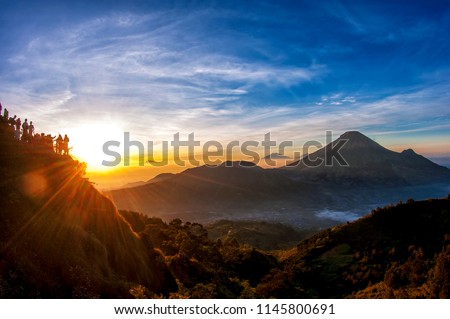 Golden Sunrise, Sikunir Hill, Dieng Plateau Central Java Indonesia Royalty-Free Stock Photo #1145800691