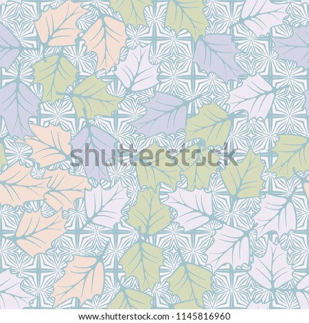A seamless pattern consisting of chaotically located woody leaves.
The leaves are on the background of symbolic four-pointed stars and crosses.
