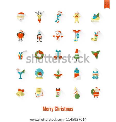Christmas and Winter Icons Collection. Colorful. Long Shadow. Simple and Minimalistic Style. Vector
