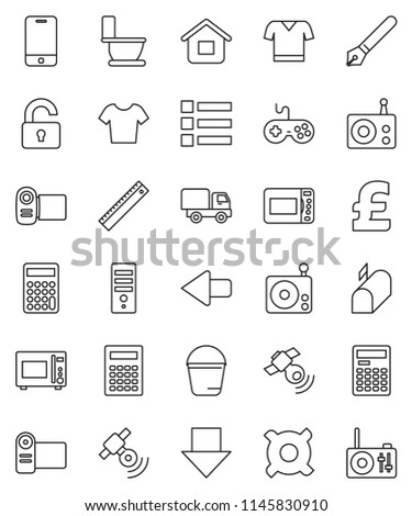 thin line vector icon set - bucket vector, toilet, microwave oven, pen, ruler, calculator, arrow down, any currency, pound, t shirt, radio, satellitie, gamepad, mobile phone, unlock, mailbox, home