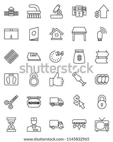 thin line vector icon set - fetlock vector, iron, plates, blender, school building, microscope, dollar growth, sand clock, cursor, scales, shorts, delivery, finger up, doctor, scissors, server, lock