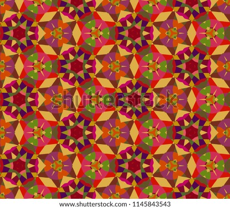 Seamless triangular bright pattern from geometrical abstract ornaments multicolored in red, yellow and green shades. Vector illustration. Suitable for fabric, wallpaper or wrapping paper