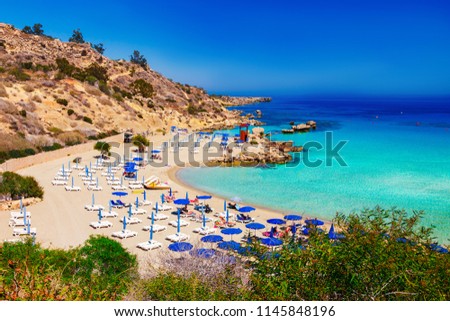 Beautiful landscape near of Nissi beach and Cavo Greco in Ayia Napa, Cyprus island, Mediterranean Sea. Amazing blue green sea and sunny day. Royalty-Free Stock Photo #1145848196