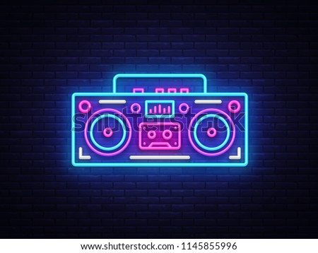 Tape recorder neon signboard vector. Retro Music neon glowing symbol, Retro Style 80-90s Light Banner, neon icon, design element. Vector illustration Royalty-Free Stock Photo #1145855996