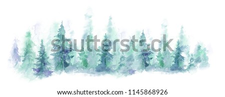 watercolor background drawn landscape of foggy forest, winter hill. Wild nature, misty, taiga.