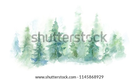 watercolor background drawn landscape of foggy forest Wild nature, frozen, misty, taiga.