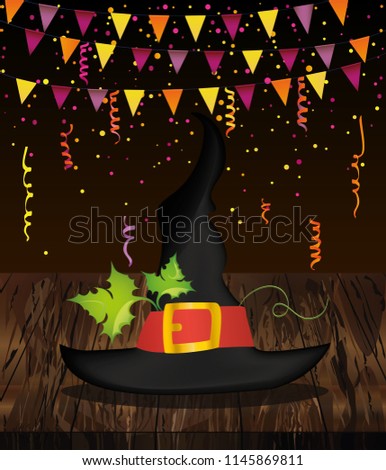 Halloween. Witch hat and garland of flags and confetti. Vector on wooden background. Greeting card or invitation for a party and a party.