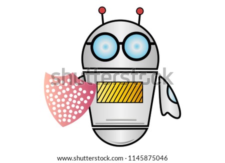 Vector cartoon illustration of Robot with shield. Isolated on white background.