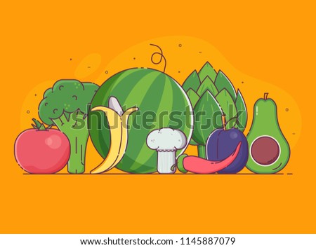Organic design concept with pile of fresh fruits, vegetables and berries in flat design. Vegetable and fruit harvest background with veggies. Raw vegan and vegetarian food banner for advertising.