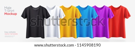 Men's t-shirt realistic mockup in different colors. Vector illustration