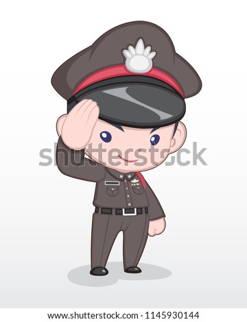 Cute Style Cartoon Thai Police Officer Standing and Saluting Illustration Royalty-Free Stock Photo #1145930144