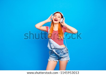 Fun joy leisure lifestyle people person concept. Close up studio photo portrait of pretty excited cheerful rejoicing glad funky funny fancy lady enjoying best track ever isolated bright background